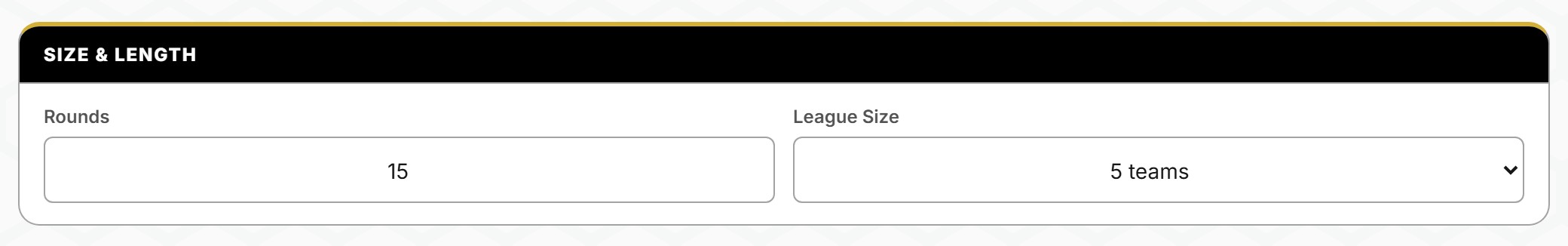 The size and length panel in HexCoach: a round count beside a League Size dropdown, which the board is rebuilt against when it changes.