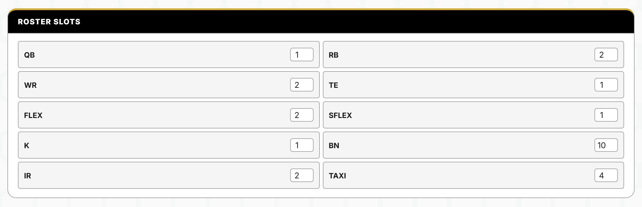 The roster slots panel in HexCoach. QB, RB, WR, TE, FLEX, SFLEX, K and BN each have their own count, and IR and TAXI sit as two more fields beside them rather than inside the bench.