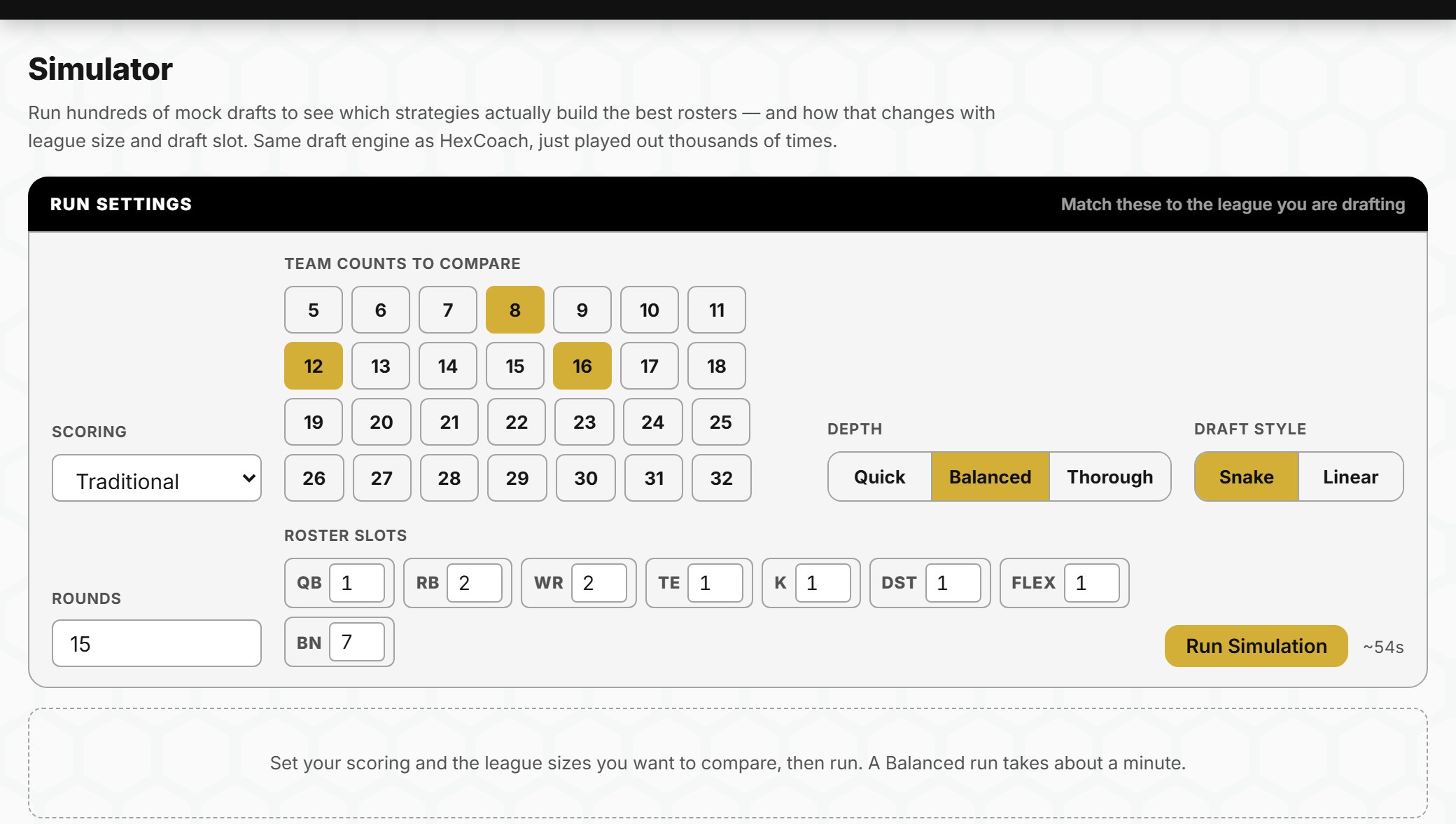 The Simulator run settings: every league size from 5 to 32 as a selectable tile with 8, 12 and 16 chosen, a scoring dropdown, snake or linear draft style, a round count, and the roster slots the mock drafts will be played under.